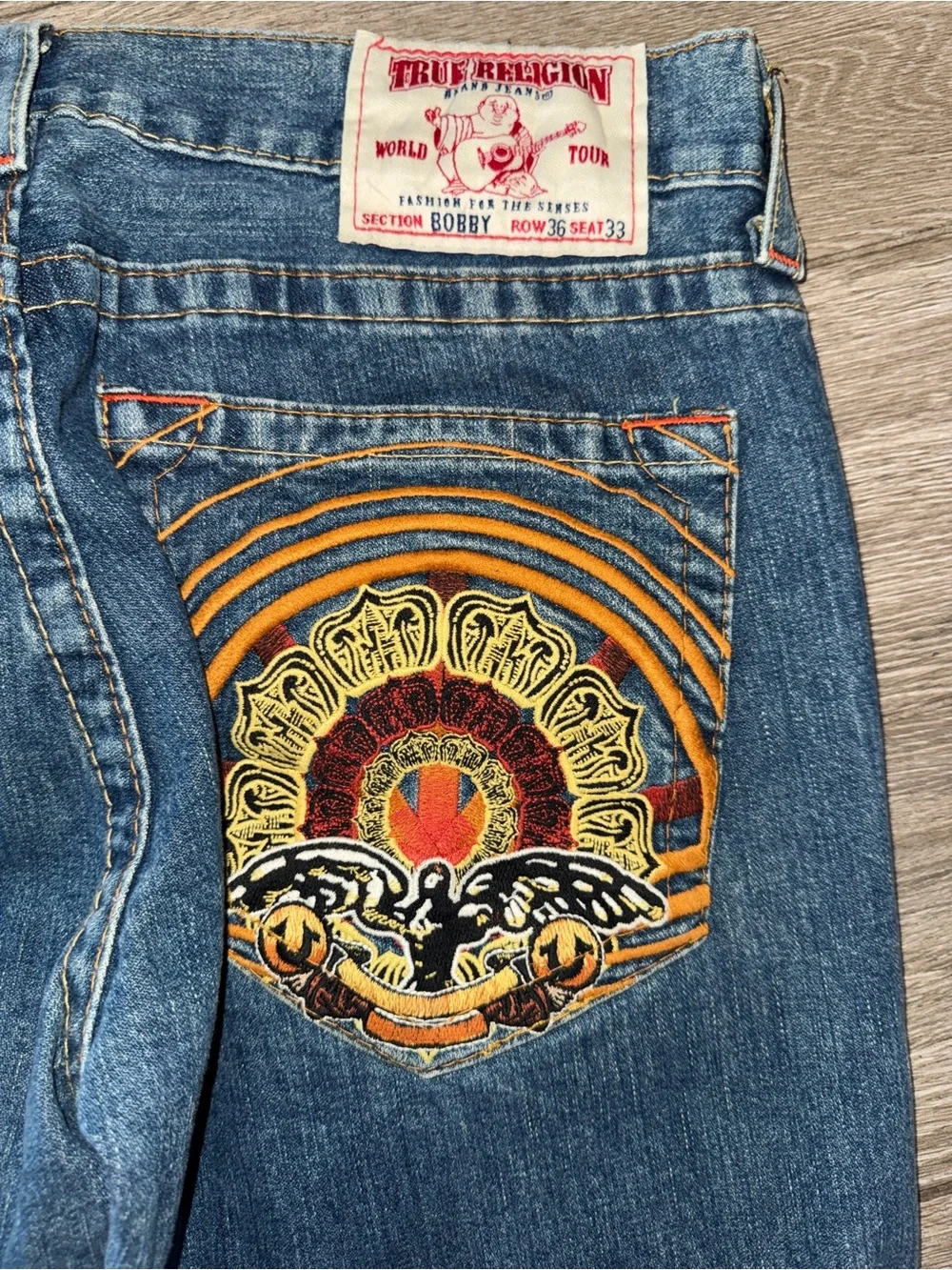 Men’s True Religion Blue Denim Jeans with Colorful Embroidered 36x33